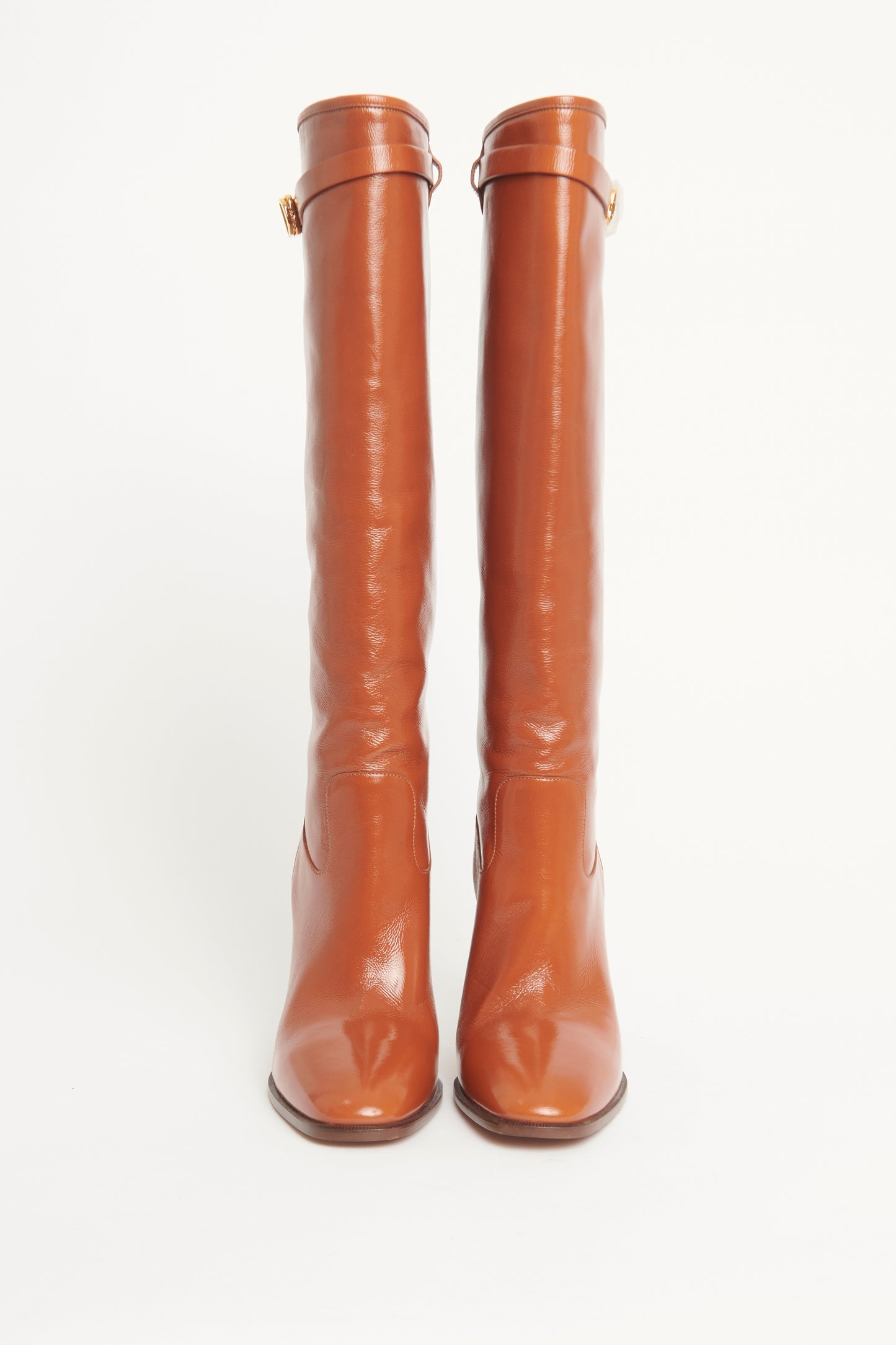 Cognac-brown Leather Heeled Preowned Long Boots