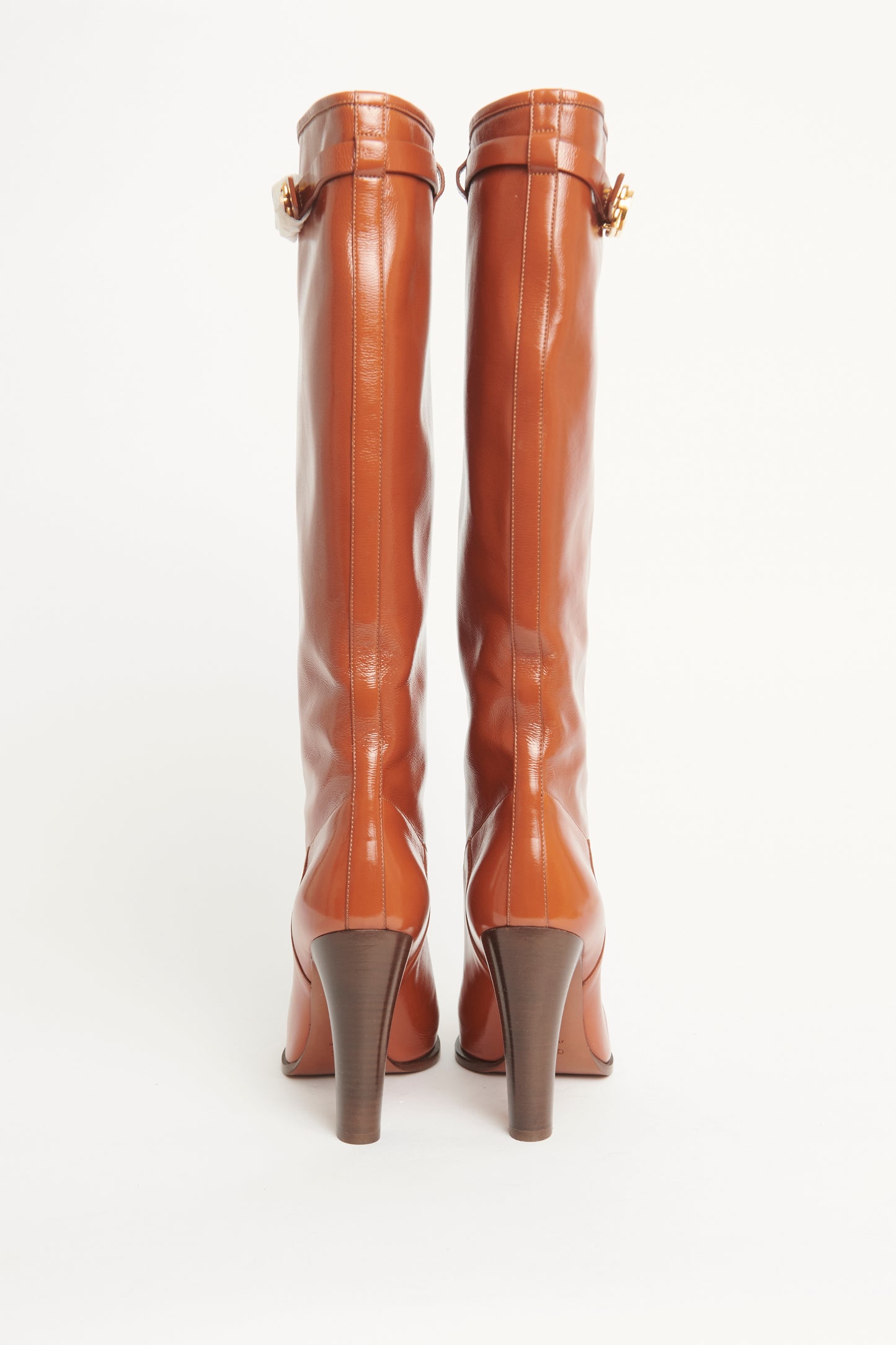 Cognac-brown Leather Heeled Preowned Long Boots