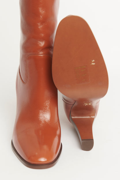 Cognac-brown Leather Heeled Preowned Long Boots