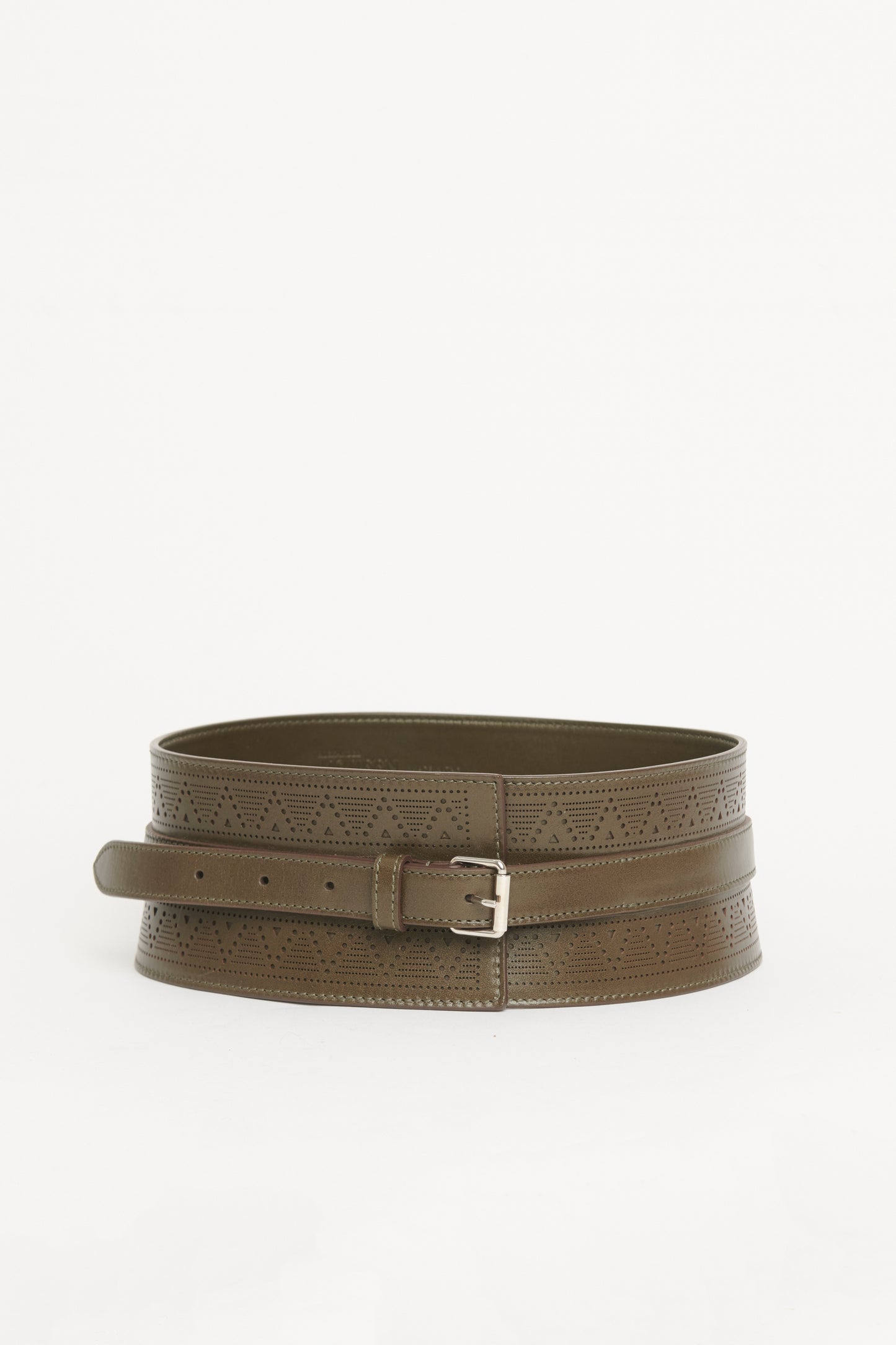 Khaki Green Leather Perforated Preowned Belt