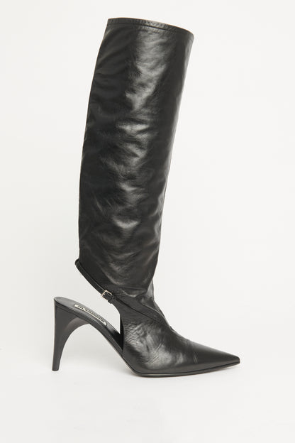 Black Leather Pointed Toe Cut-Out Preowned Boots