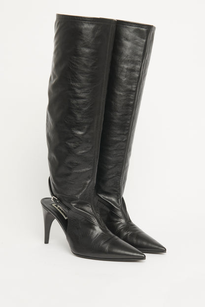 Black Leather Pointed Toe Cut-Out Preowned Boots