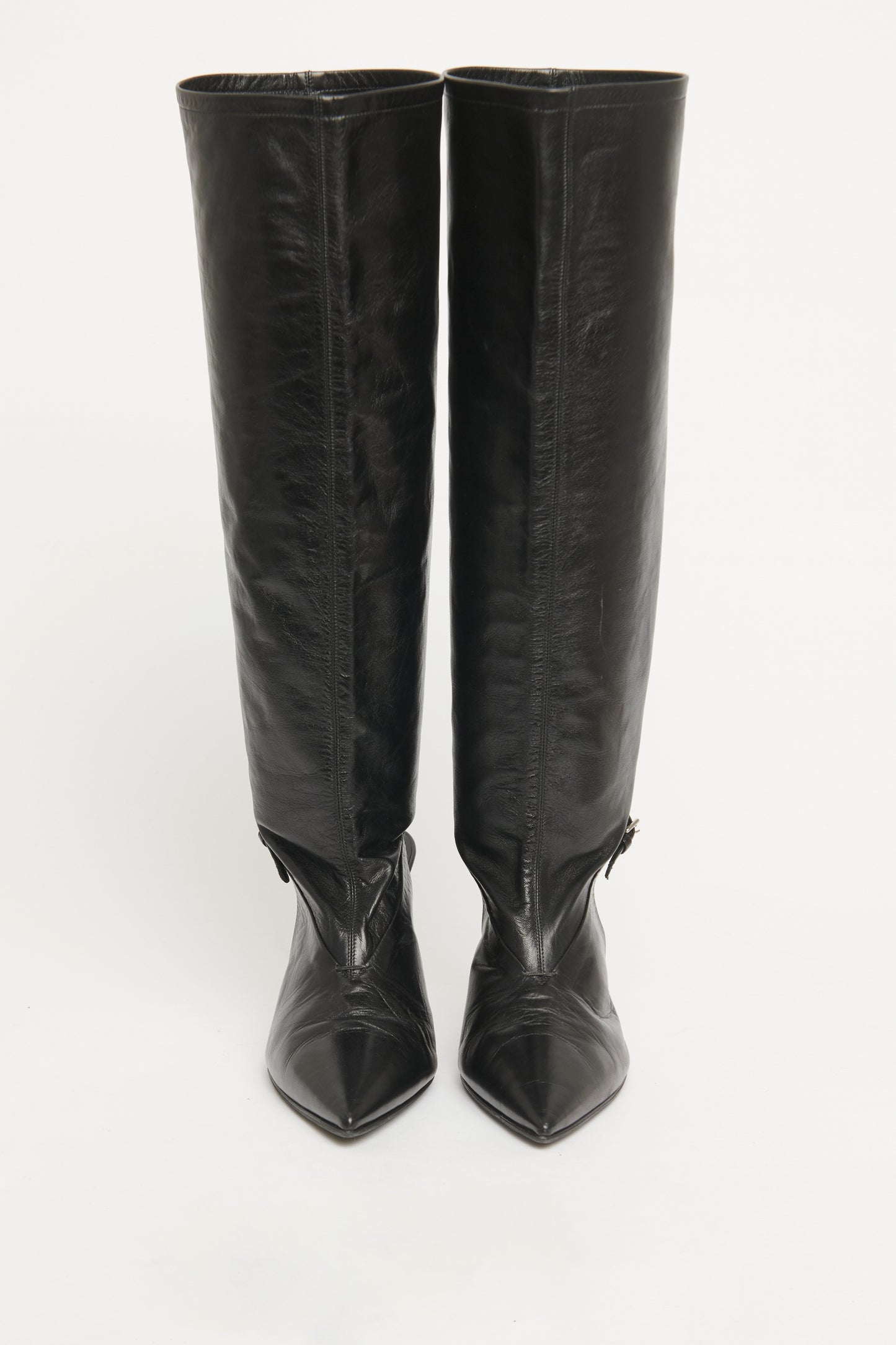 Black Leather Pointed Toe Cut-Out Preowned Boots