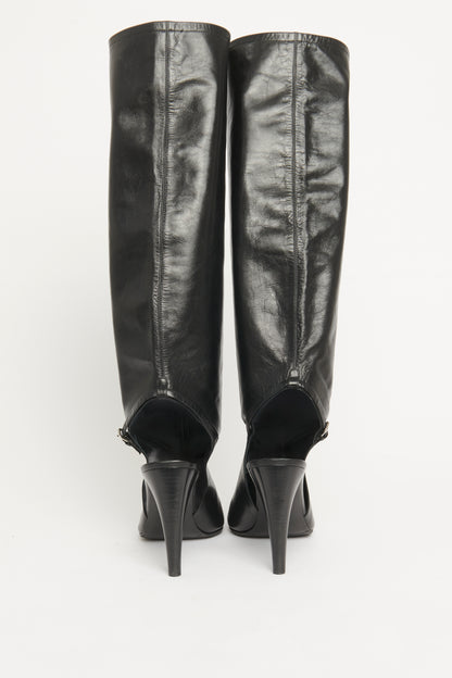 Black Leather Pointed Toe Cut-Out Preowned Boots