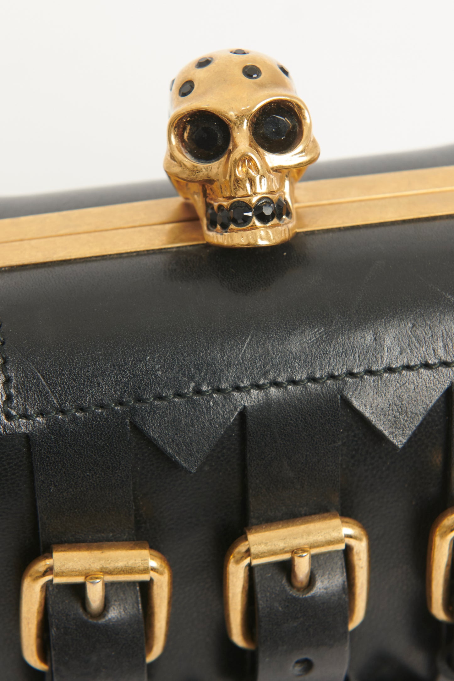 Black Leather Skull Clasp Classic Preowned Clutch With Triple Buckles