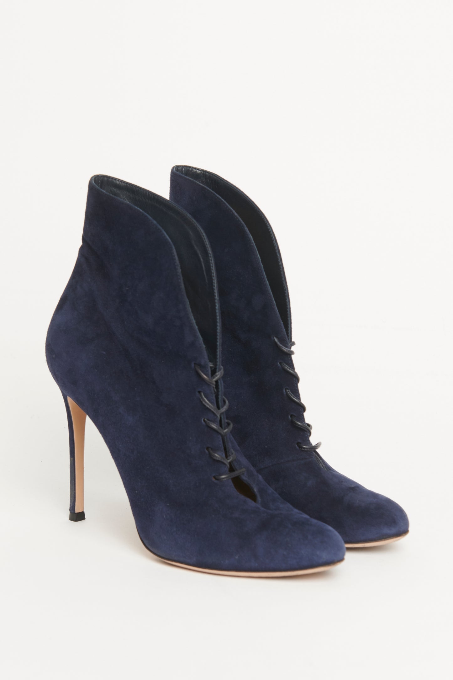 Suede Navy Lace Up Preowned Ankle Boots 85mm