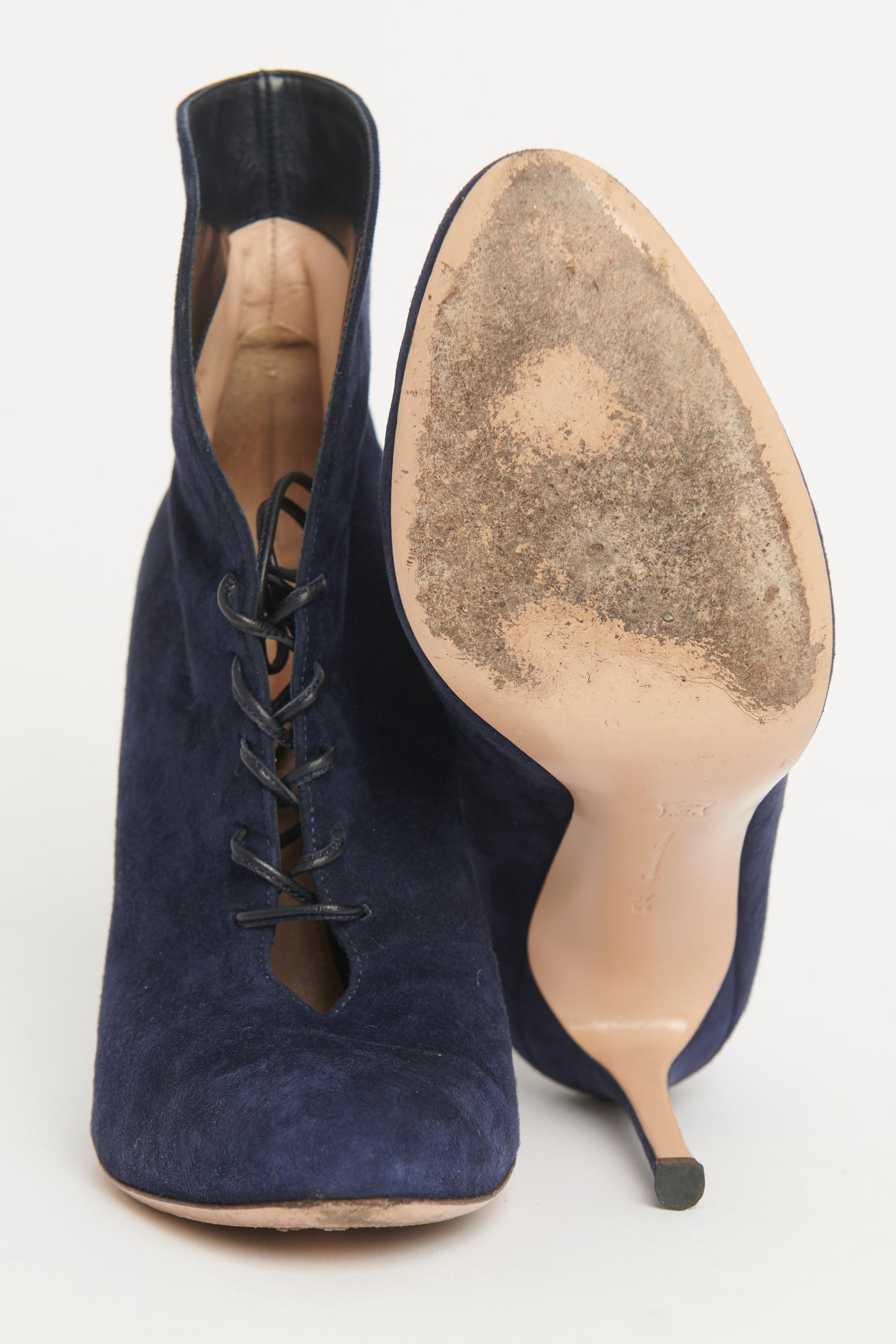 Suede Navy Lace Up Preowned Ankle Boots 85mm