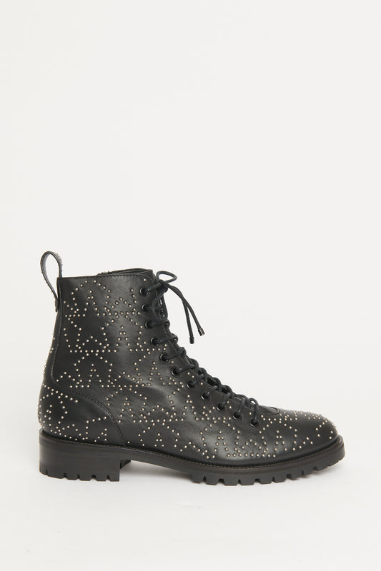 Black Leather Star Studded Preowned Cruz Lace-Up Boots