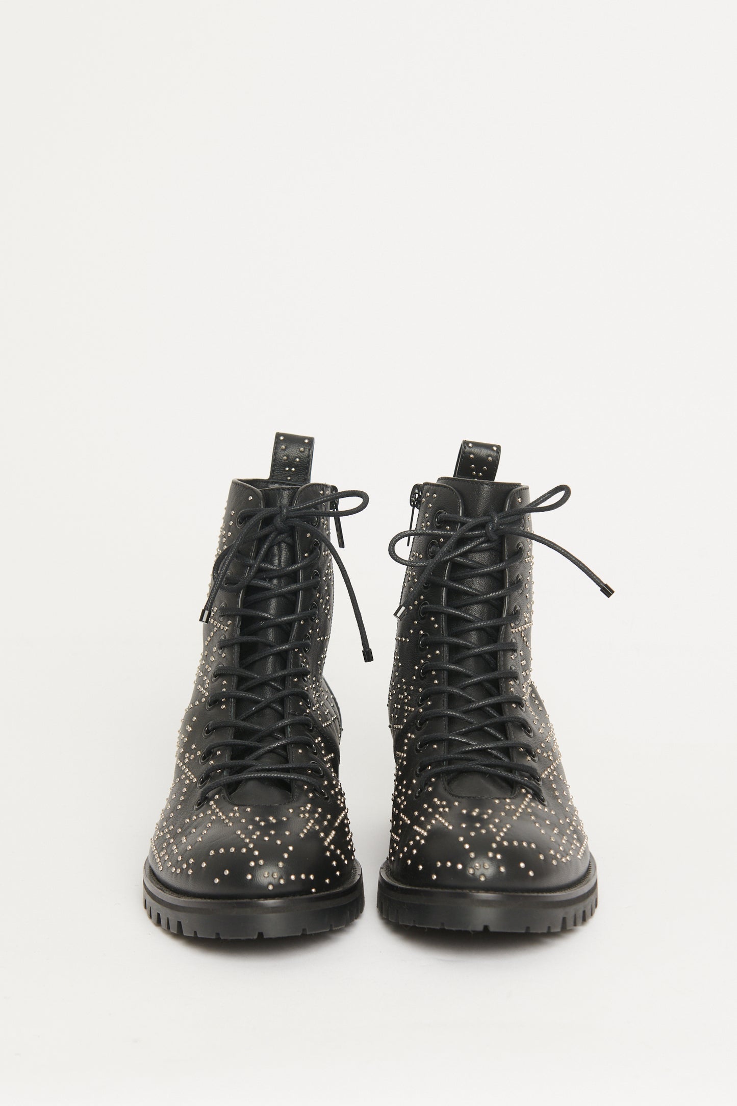 Black Leather Star Studded Preowned Cruz Lace-Up Boots