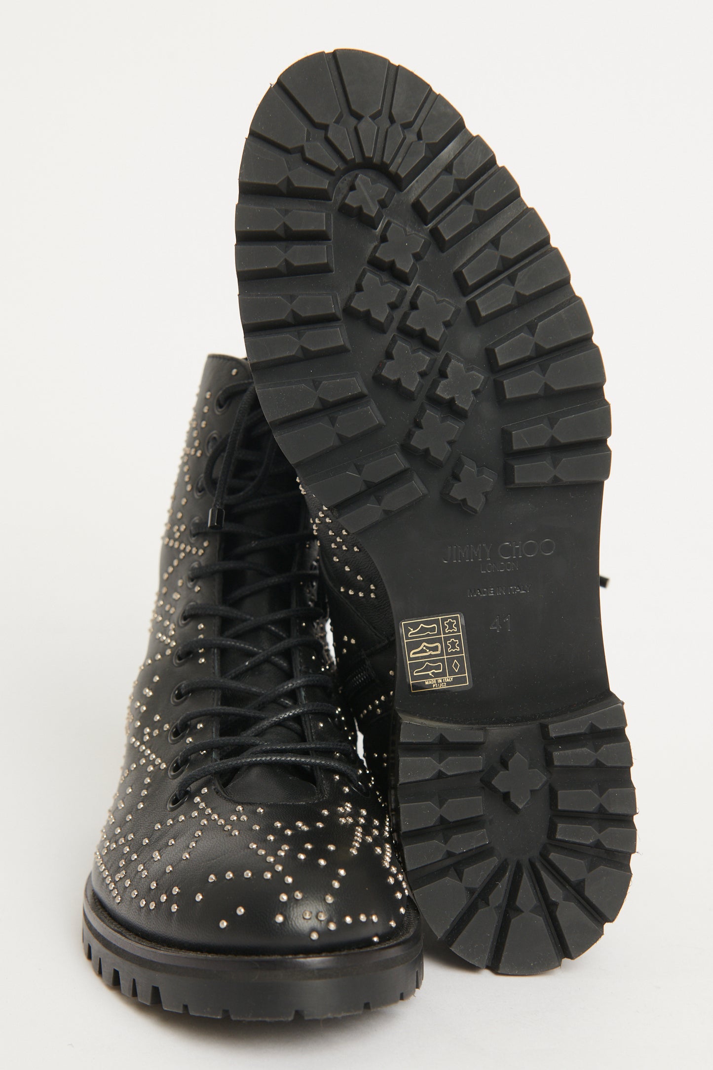 Black Leather Star Studded Preowned Cruz Lace-Up Boots