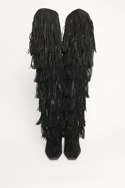 2020 Black Suede Fringed Preowned Over the Knee Boots