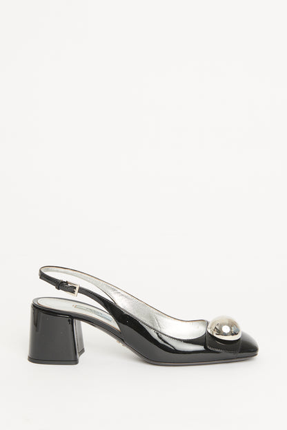 Black Patent Block Heel Preowned Slingback Pumps