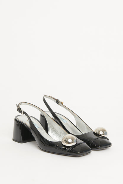 Black Patent Block Heel Preowned Slingback Pumps