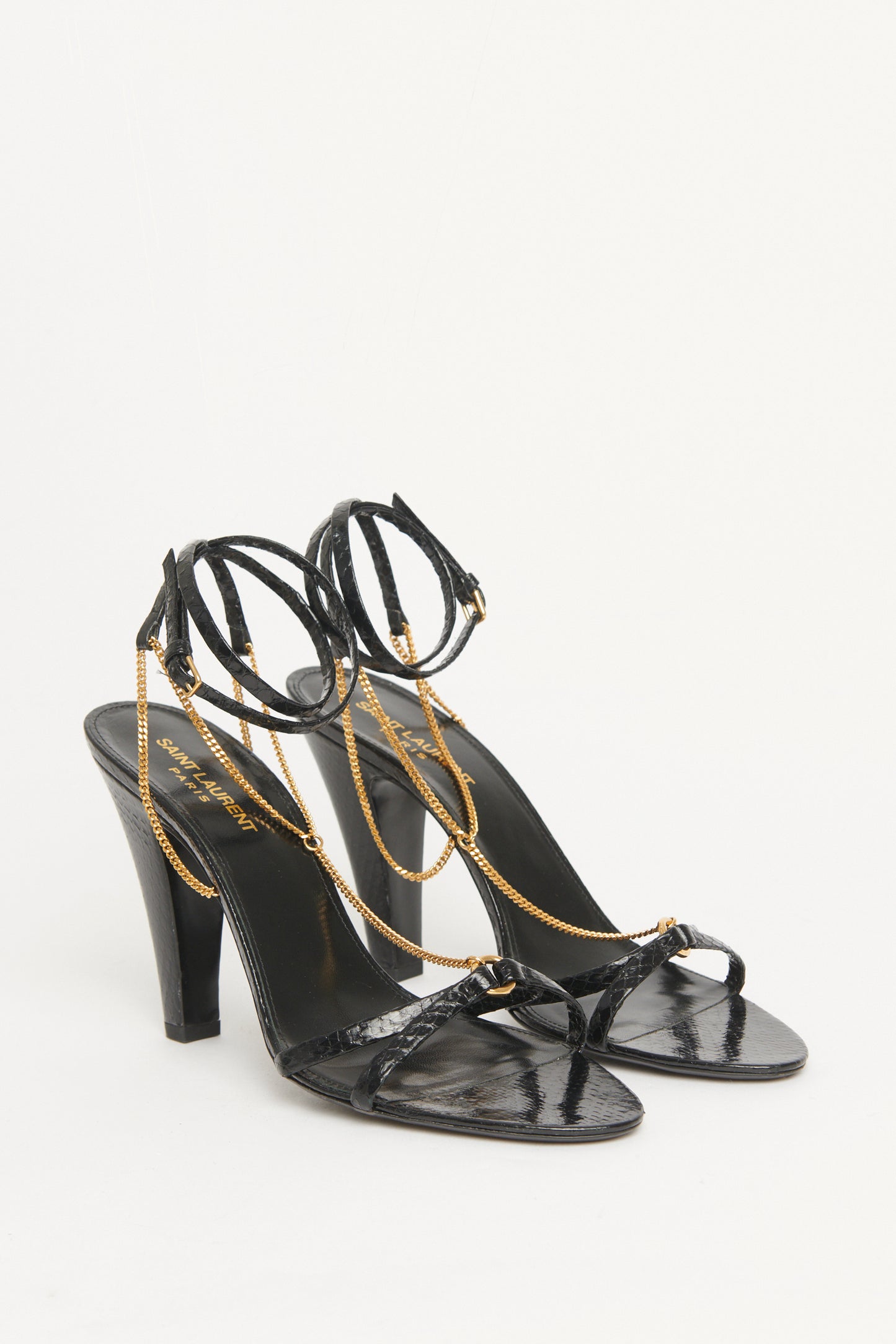 Black Snake Effect Leather Preowned Sue 95 Chain Sandals