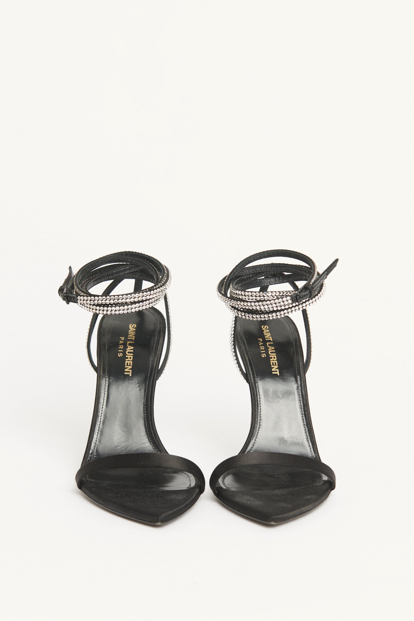 Black Satin Preowned Crystal Embellished Sandals