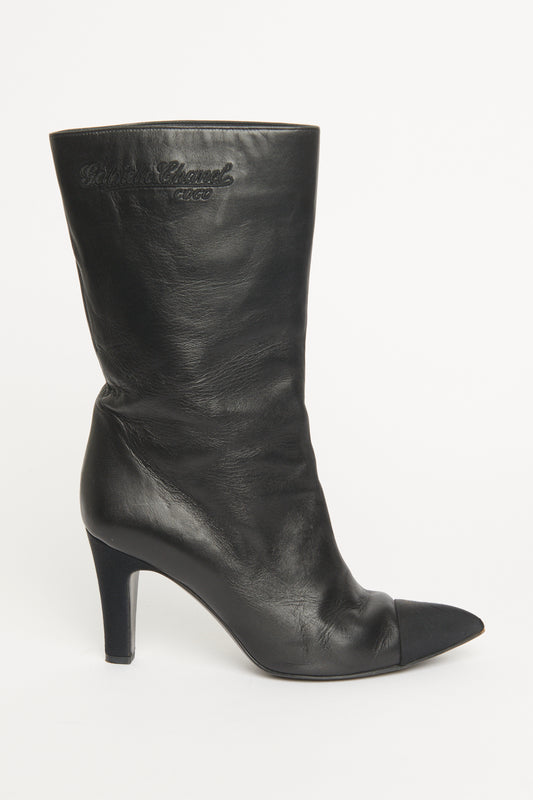 2017 Black Leather Preowned Pointed Tote Calf Boots