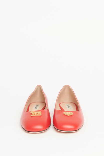 Red Leather Preowned Heart Plaque Ballerinas Flats