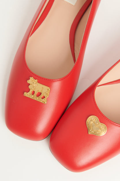 Red Leather Preowned Heart Plaque Ballerinas Flats