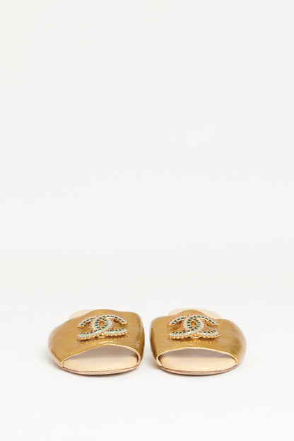Gold Metallic Leather Preowned Slip On CC Sandals