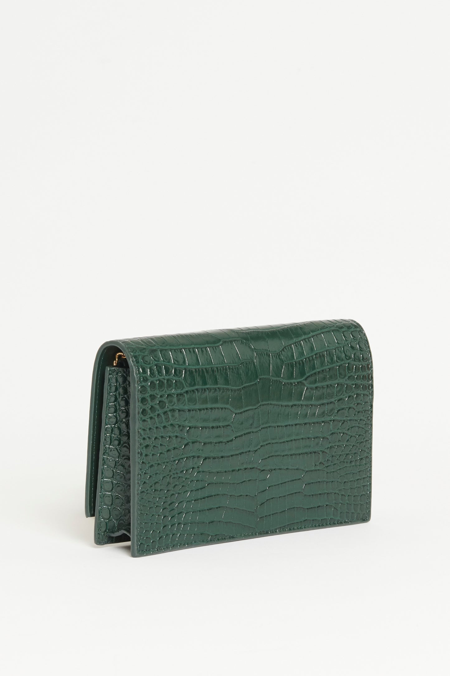 2019 Forest Green Croc Embossed Leather Preowned Small Kate Wallet On Chain Crossbody Bag