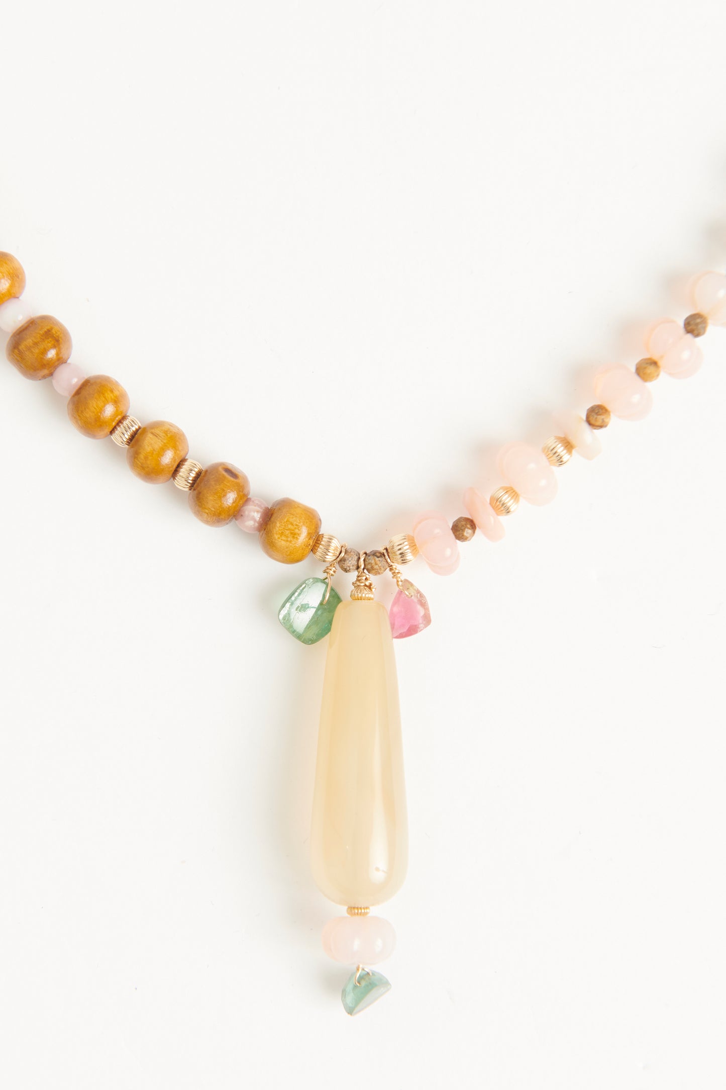 Antique pink opal beads with wooden beads and antique Agate drop and pink and green tourmaline charms Necklace