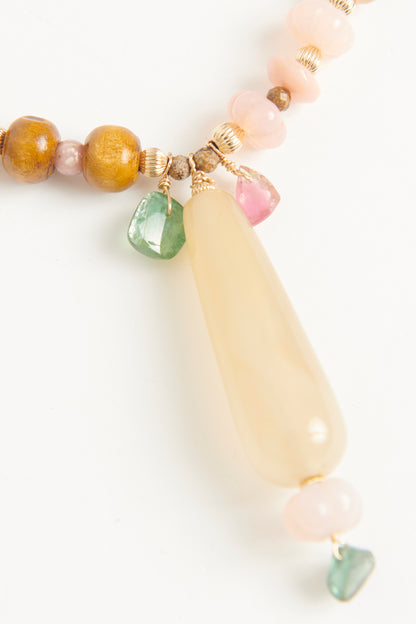 Antique pink opal beads with wooden beads and antique Agate drop and pink and green tourmaline charms Necklace