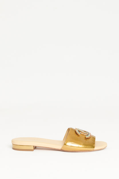 Gold Metallic Leather Preowned Slip On CC Sandals
