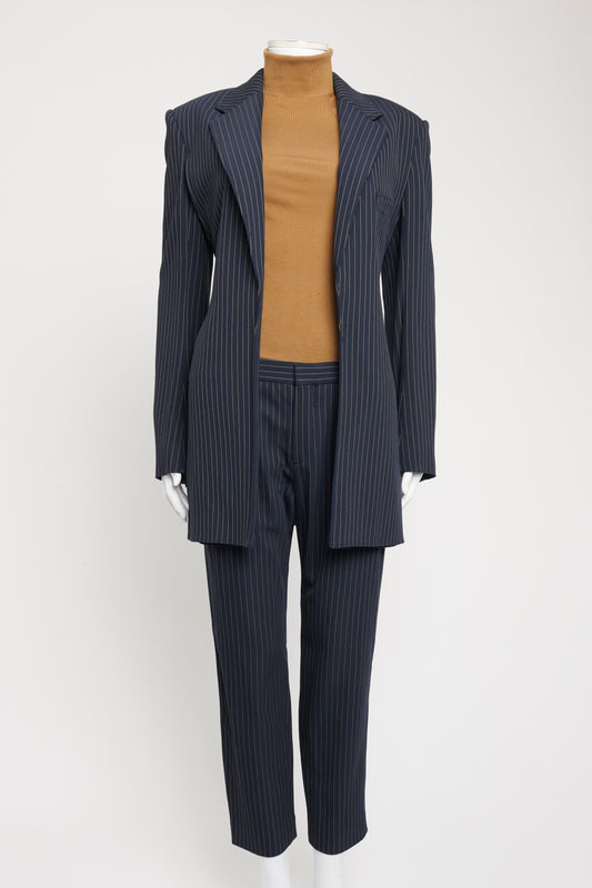 Blue Viscose Blend Preowned Longline Pinstripe Suit