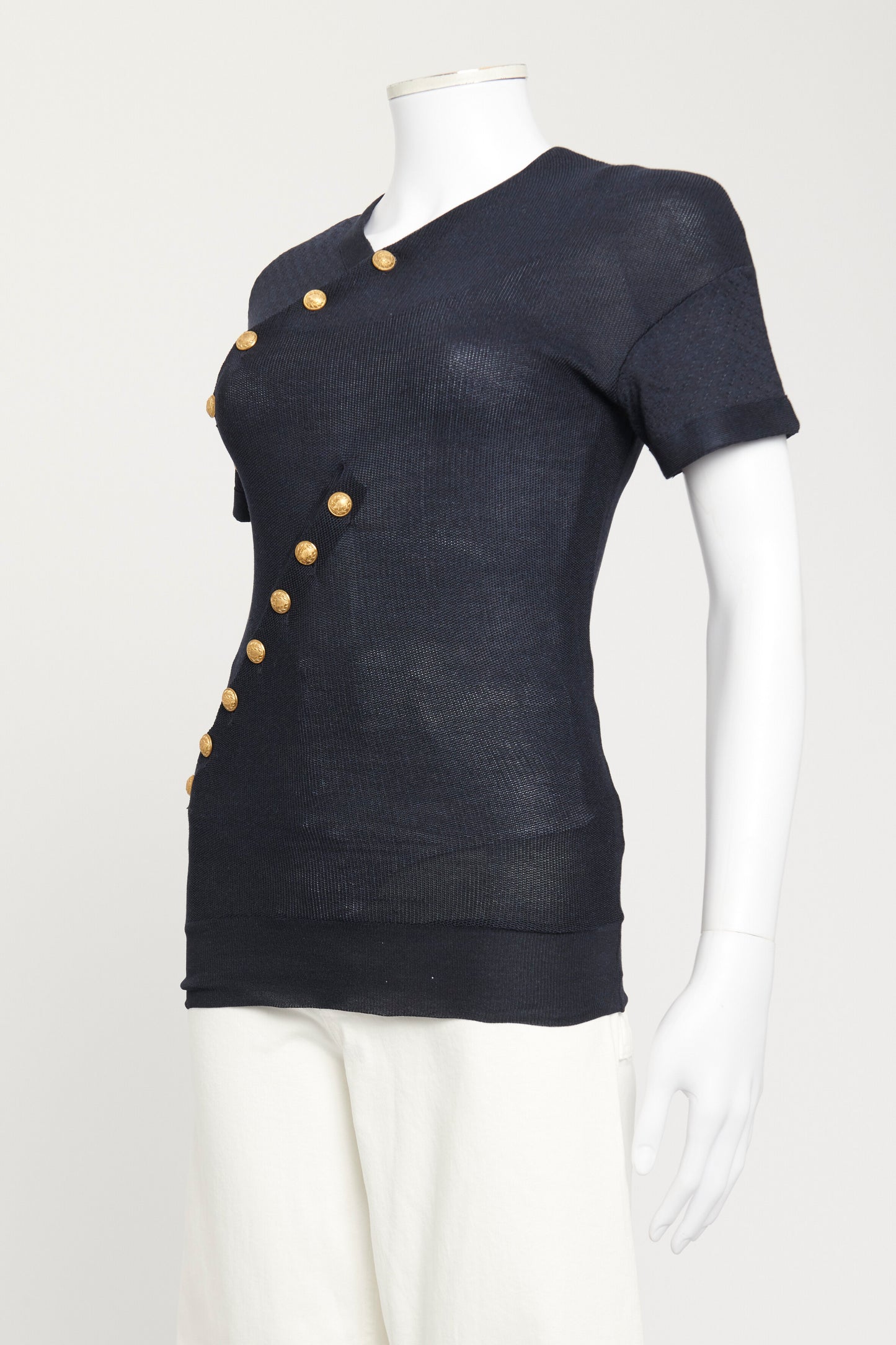 2005 Navy Silk Preowned Military Button Knitted Top