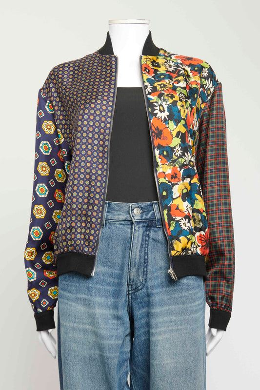 2014 Navy Silk Preowned Patchwork Bomber Jacket