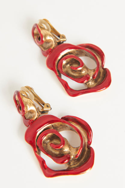 Red Enamel & Metal Preowned Rose Clip-On Earrings
