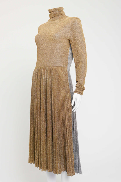 Silver and Gold Lurex Preowned Pleated Midi Dress