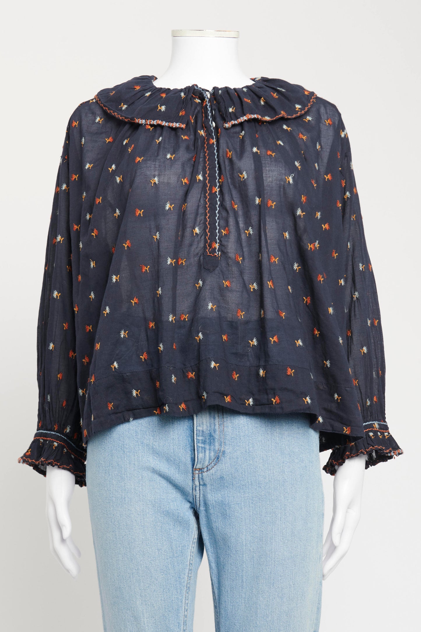 Navy Cotton Preowned Embroidered Ethel Blouse