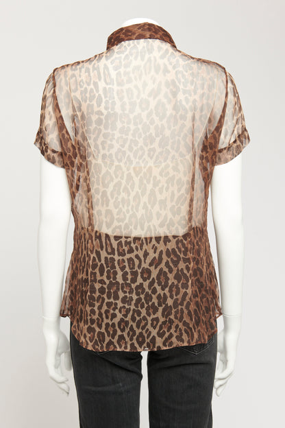 1997 Brown Silk Preowned Leopard Short Sleeved Shirt