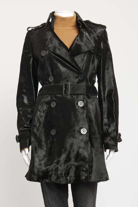Black Pony Hair Leather Preowned Belted Trench Coat