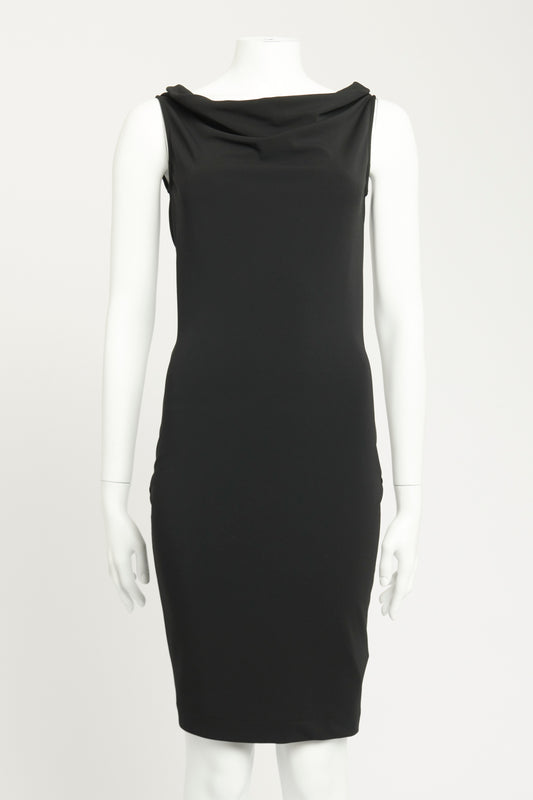 Black Polyester Preowned Cowl Neck Knee Length Dress