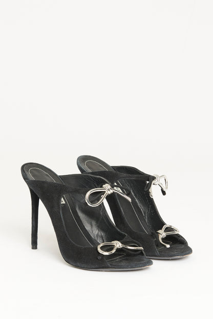 Black Suede Preowned Bow Peep-Toe Mules