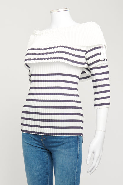 White Polyester Striped Preowned Pleated Bardot Top