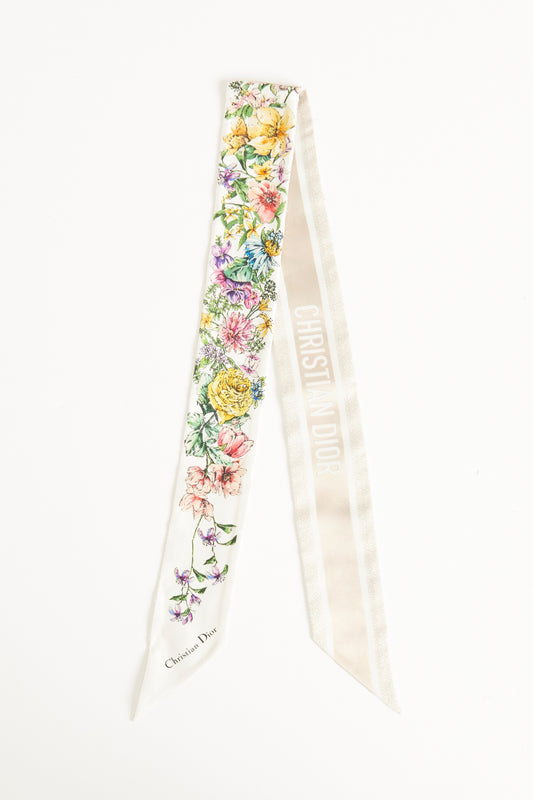 White Silk Preowned D-Floral Mitzah Twilly Scarf