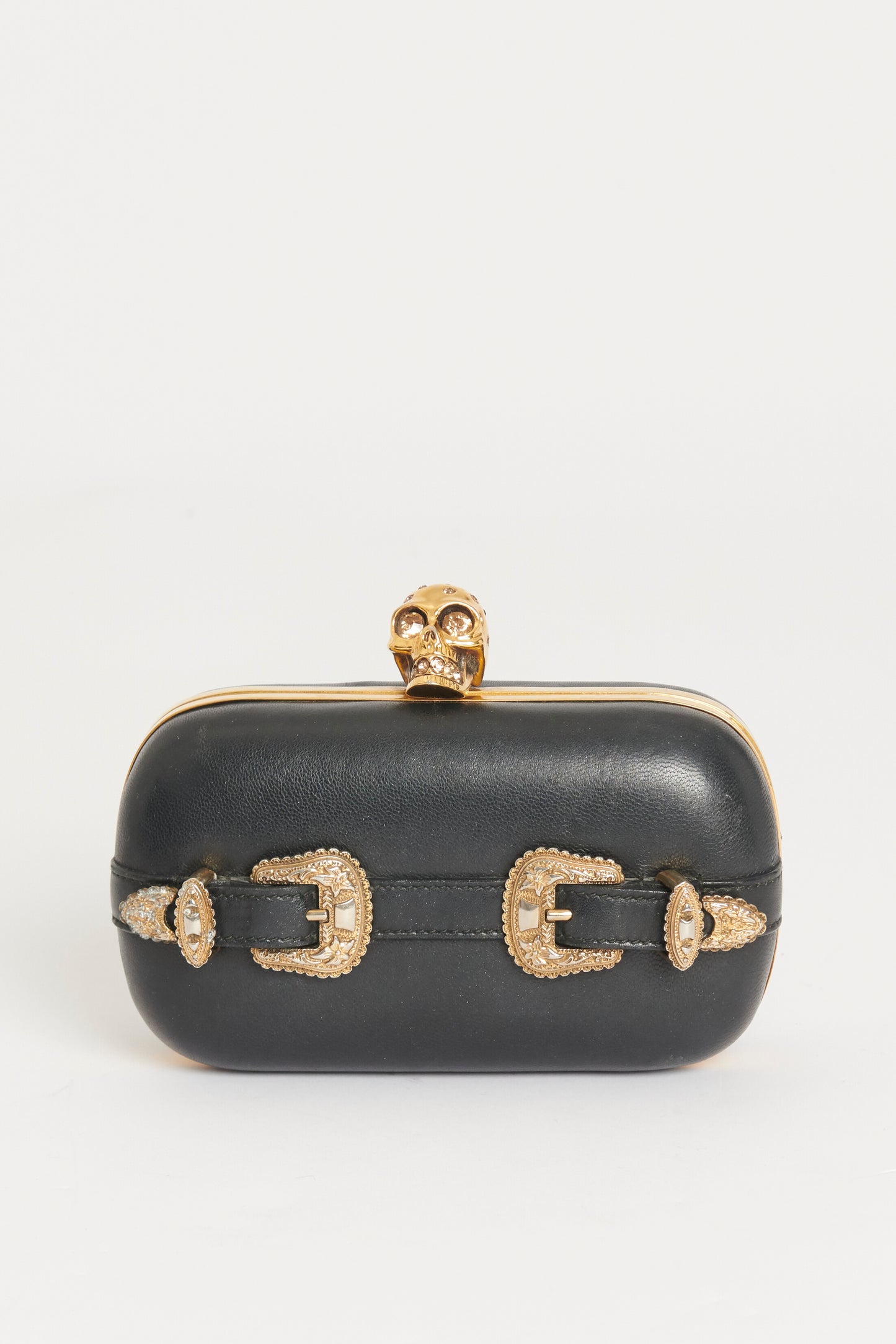 Black Leather Preowned Buckle Skull Box Clutch