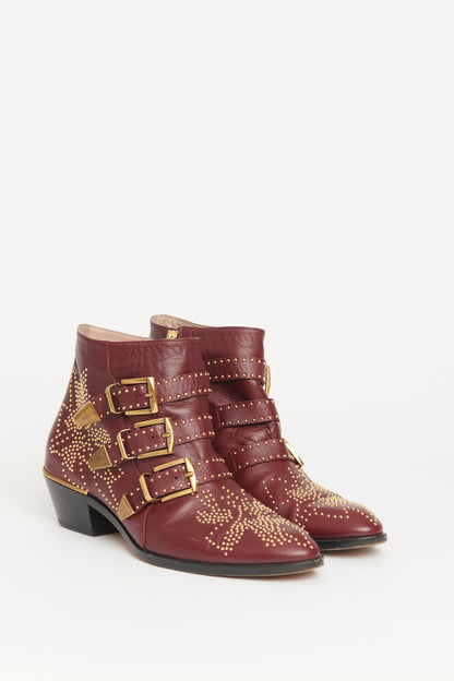 Burgundy Leather Preowned Studded Susanna Ankle Boots