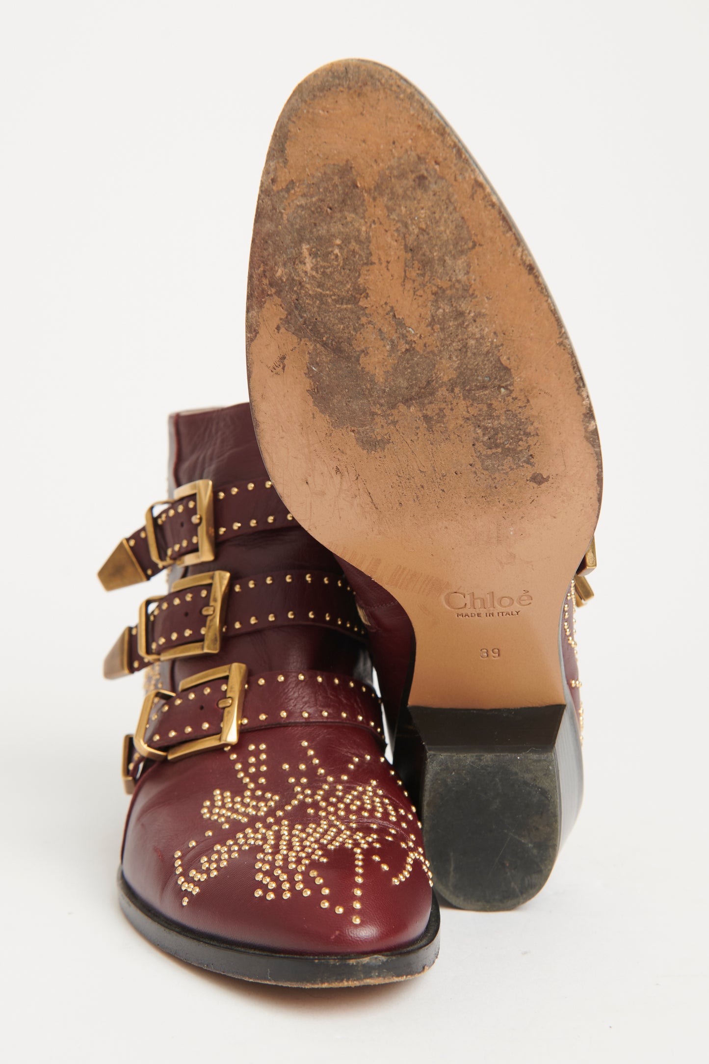 Burgundy Leather Preowned Studded Susanna Ankle Boots