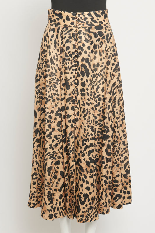 Beige Linen Preowned Leopard Midi Skirt