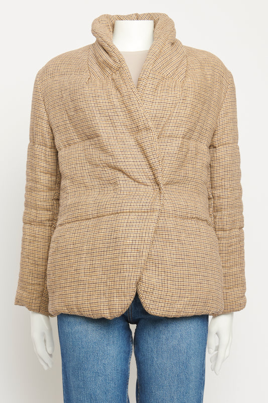 Beige Linen Blend Preowned Check Puffer Jacket