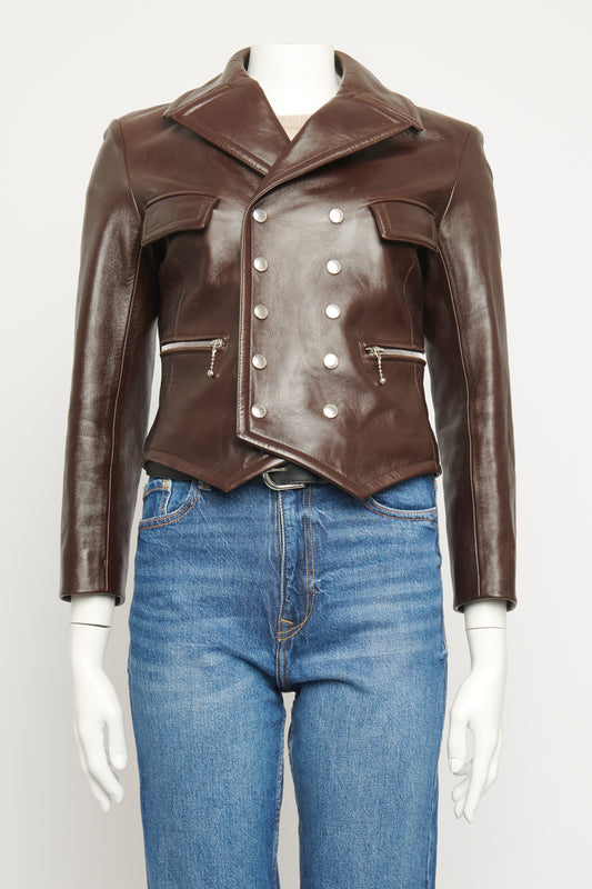 Brown Leather Preowned Double Breasted Jacket