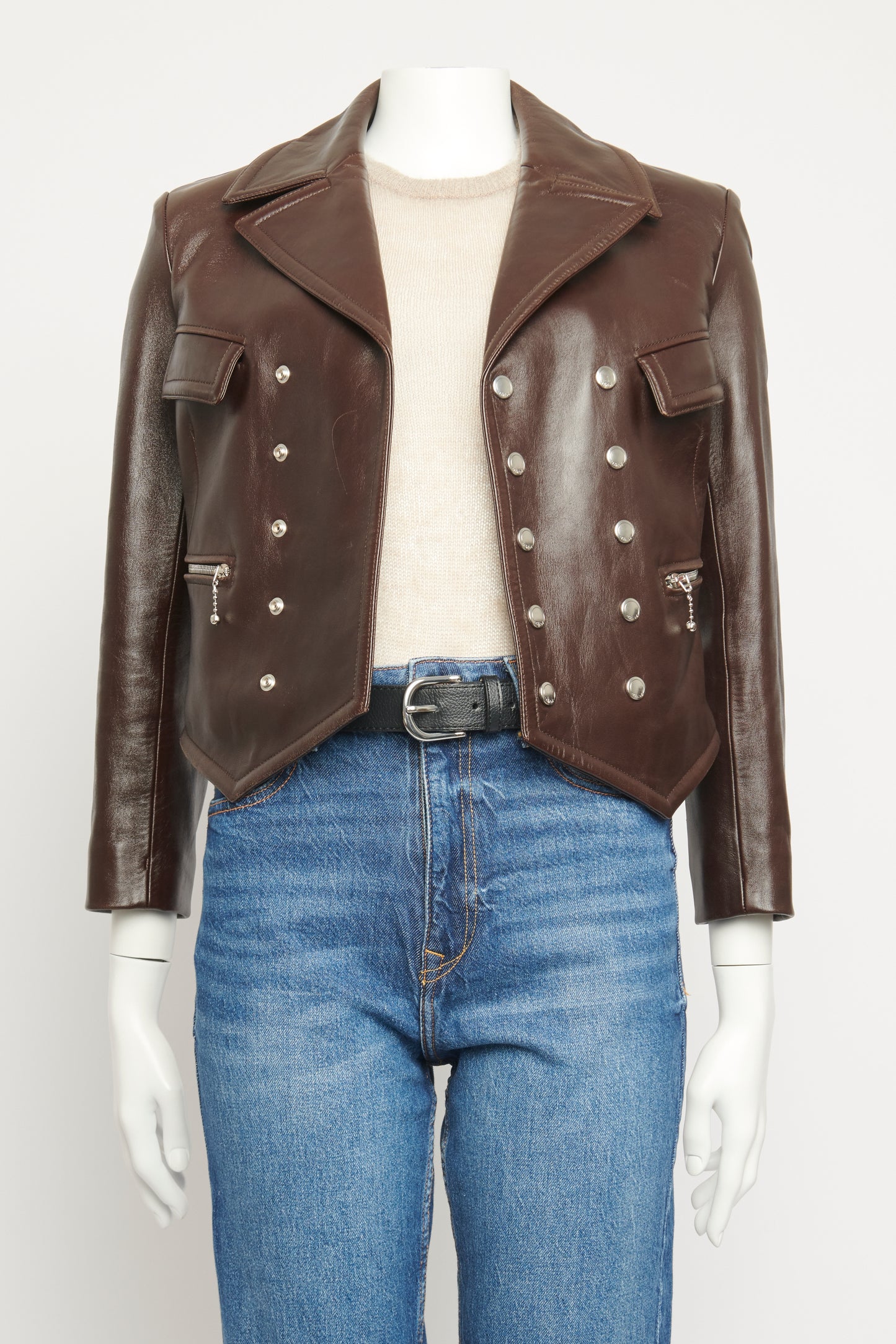 Brown Leather Preowned Double Breasted Jacket