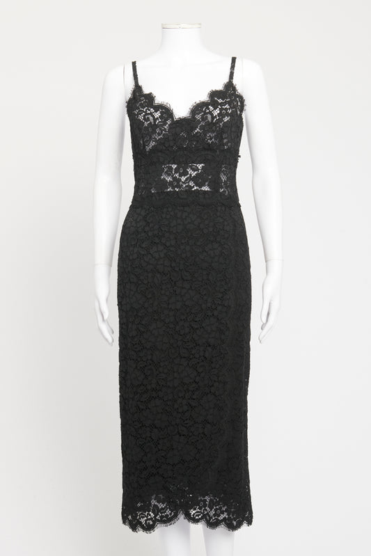 Black Scalloped Lace Preowned Midi Dress