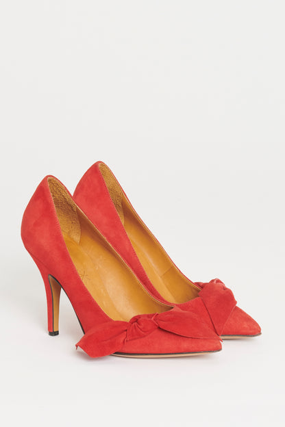 Red Suede Preowned Bow Appliqué Pumps