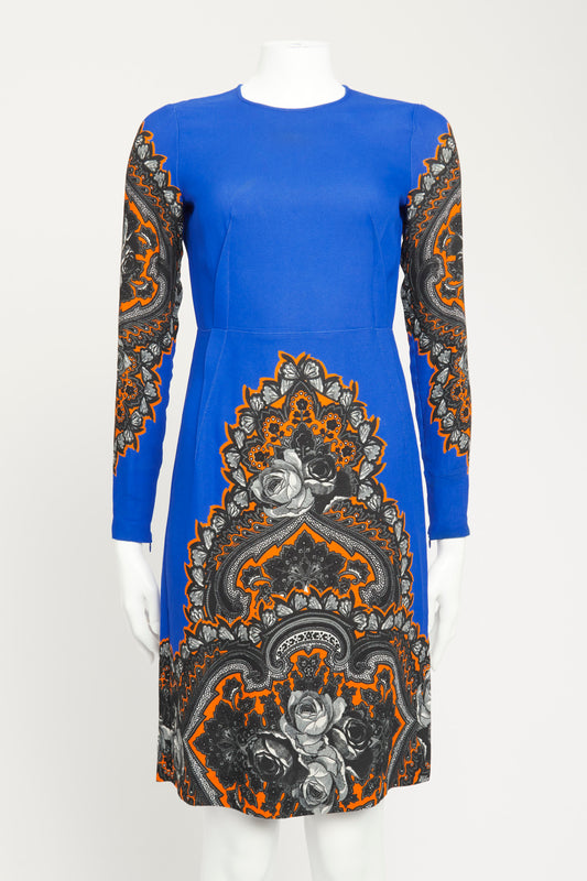 2012 Blue Viscose Preowned Printed Long Sleeved Knee-Length Dress