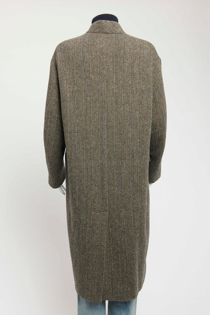 Brown Single Breasted Wool Blend Herringbone Coat